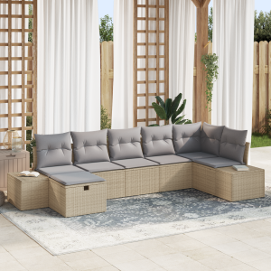 vidaXL 7-delige ligbed set met kussens Beige Poly Rattan