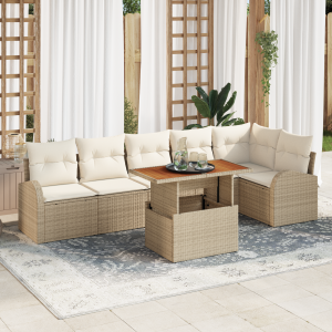 vidaXL 7-delige ligbed set met kussens beige poly riet