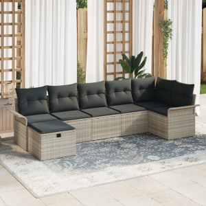 vidaXL 7-delige ligbed set met kussens lichtgrijs poly rattan