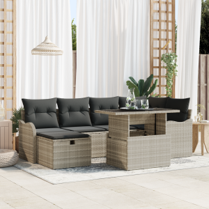 vidaXL 7-delige ligbed set met kussens lichtgrijs poly rattan
