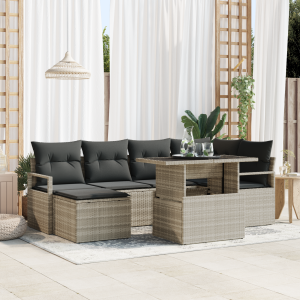 vidaXL 7-delige ligbedset met kussens lichtgrijs poly rattan