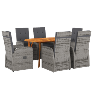 vidaXL 7-delige Tuin Eettafel Set met Kussens Grijs Poly Rattan Acacia