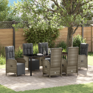 vidaXL 7-delige Tuin Eettafel Set met Kussens Grijs Poly Rattan