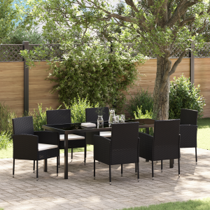 vidaXL 7-delige Tuin Eettafel Set met Kussens Zwart Poly Rattan