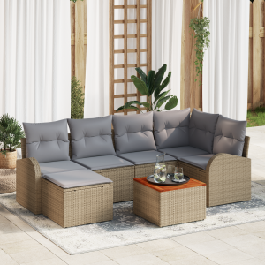 vidaXL 7-delige Tuin Sofa Set met Kussens Beige Poly Rieten Acacia