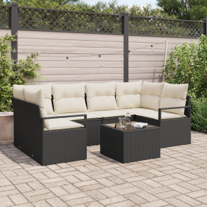 vidaXL Bankstel met kussen 7 pcs Zwart en Crème poly rattan