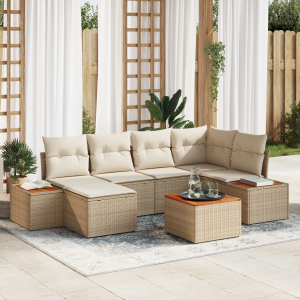 vidaXL 7-delige tuinbankset met kussens in beige poly rattan en acacia
