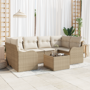 vidaXL 7-delige tuinbankset met kussens in beige poly rattan