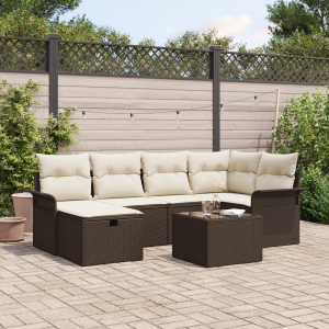vidaXL Tuin Sofa Set met kussen 7 pcs Bruin en Crème poly rattan