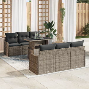 vidaXL Tuin Sofa Set met kussen met opslag 7 pcs Grijs Poly Rattan