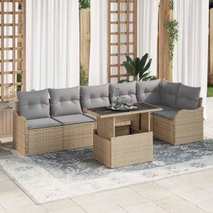vidaXL Bankstel met kussen 7 pcs Beige Poly riet
