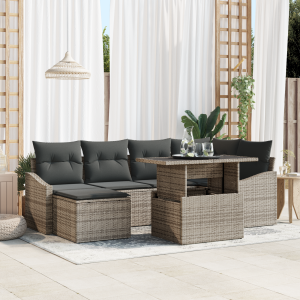 vidaXL Tuin Sofa Set 7 pcs Grijs Poly Rattan en Poedergecoat Staal