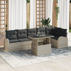 vidaXL Tuin Sofa Set met kussen met opslag 7 pcs Lichtgrijs Poly riet