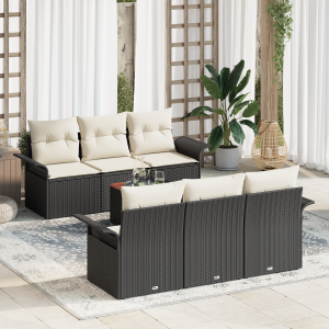 vidaXL 7-delige tuinset met kussens in zwart poly rattan en acacia