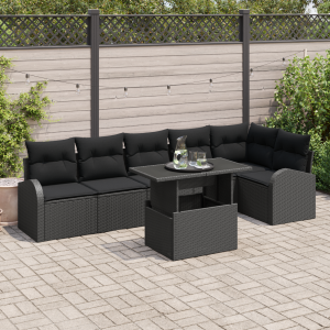vidaXL 7-delige tuinset met kussens in zwart poly rattan
