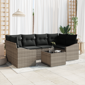 vidaXL Bankstel met kussen met opslag 7 pcs Grijs poly rattan