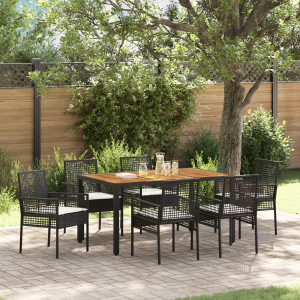 vidaXL Tuin eettafelset 7 pcs Zwart poly rattan