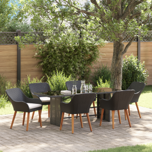 vidaXL Tuin eettafelset met kussen 7 pcs Zwart poly rattan