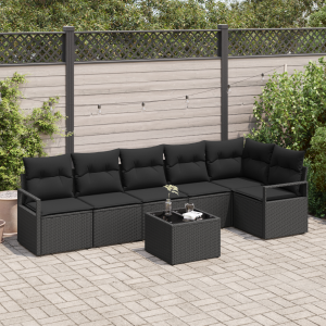 vidaXL Bankstel met kussen 7 pcs Zwart poly rattan