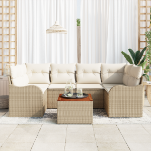 vidaXL 7-delige tuinsofa set met kussens in beige van poly rattan en acacia