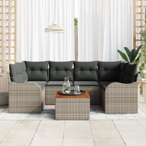 vidaXL 7-delige tuinsofa set met kussens in het Grijs van Poly Rattan en Acacia