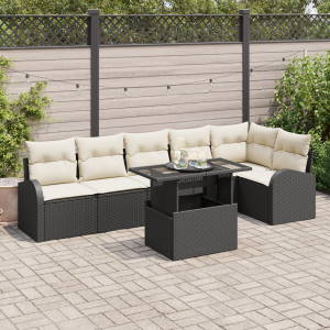 vidaXL Tuin Sofa Set met kussen 7 pcs Zwart en crème poly rattan