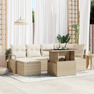 vidaXL 7-Persoons Tuinset met Kussens in Beige Poly Riet
