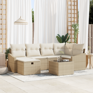 vidaXL 7 Stuks Tuin Sofa Set met Kussens Beige Poly Rattan