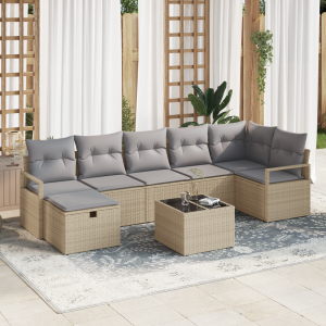 vidaXL 8-delige ligbed set met kussens Beige Poly Rattan