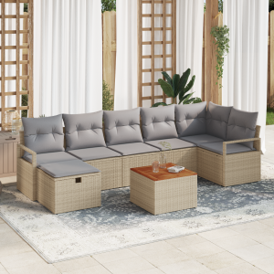 vidaXL 8-delige tuinset met kussens in beige poly rattan
