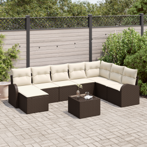 vidaXL Bankstel met kussen met opslag 9 pcs Bruin en wit poly rattan