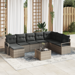 vidaXL Bankstel met kussen 9 pcs Grijs poly rattan