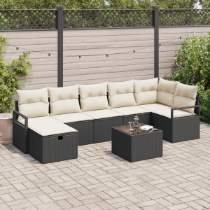 vidaXL Bankstel met kussen met opslag 8 pcs Zwart en Crème poly rattan