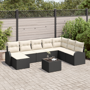 vidaXL Bankstel met kussen met opslag 9 pcs Zwart en Wit poly rattan