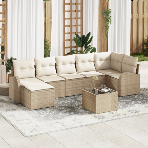vidaXL Bankstel met kussen met opslag 8 pcs Beige poly rattan
