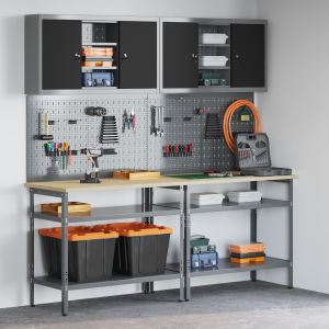 vidaXL Werkbankset met plank 8 pcs Zwart en Grijs Gepoedercoat staal