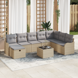 vidaXL 9-delige ligbed set met kussens beige poly rattan