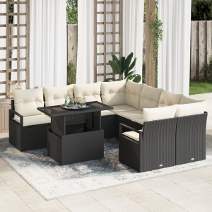 vidaXL 9-delige ligbed set met kussens zwart poly rattan