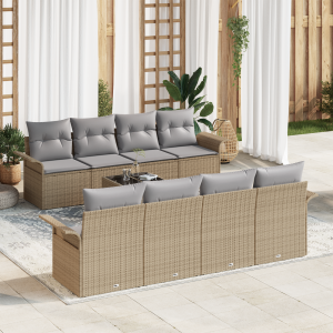 vidaXL 9-delige ligbedset met kussens in beige poly rattan