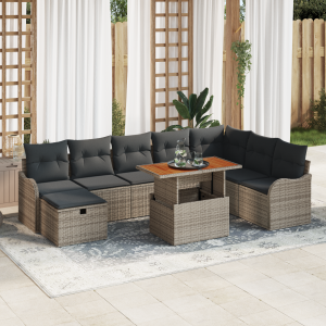 vidaXL 9-delige lounge set voor in de tuin met kussens - grijs poly rattan