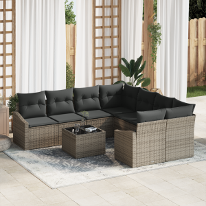 vidaXL Bankstel met kussen met opslag 9 pcs Grijs poly rattan