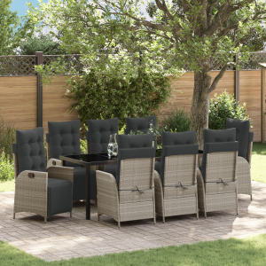 vidaXL 9-delige Tuin Eettafel Set Lichtgrijs Poly Rattan