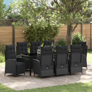 vidaXL 9-delige Tuin Eettafel Set Zwart Poly Rattan