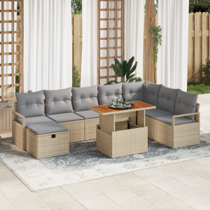 vidaXL 9-delige tuinbankset met kussens Beige Poly Rattan