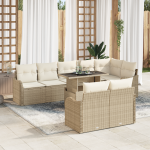 vidaXL Loungebankset met kussen 9 pcs Beige Poly riet