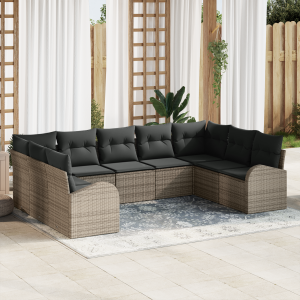 vidaXL Bankstel met kussen 9 pcs Grijs Poly Rattan