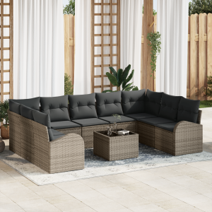 vidaXL Bankstel met kussen 10 pcs Grijs Poly Rattan
