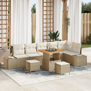 vidaXL 9-delige tuinset met kussen in beige poly rattan en acacia