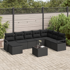 vidaXL Bankstel met kussen 9 pcs Zwart poly rattan