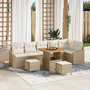 vidaXL 9-delige tuinset met kussens in beige poly rattan en acacia
